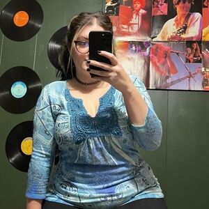 Blue and white fairy tunic with crochet and beaded accents. 3/4 sleeve,